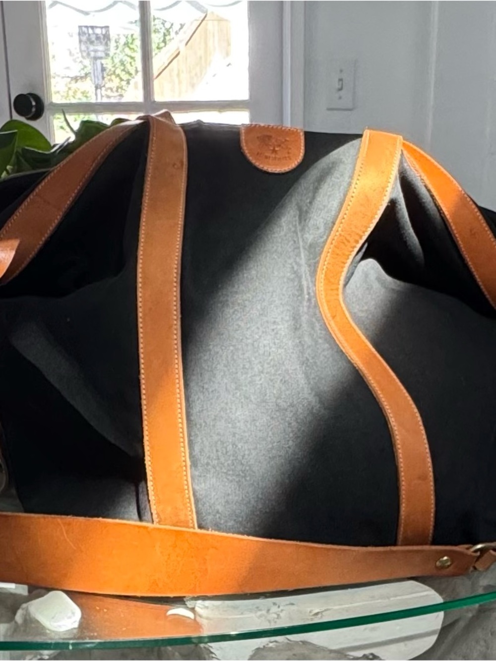 Men's Black Canvas Weekend Duffel with Tan Leather Trim